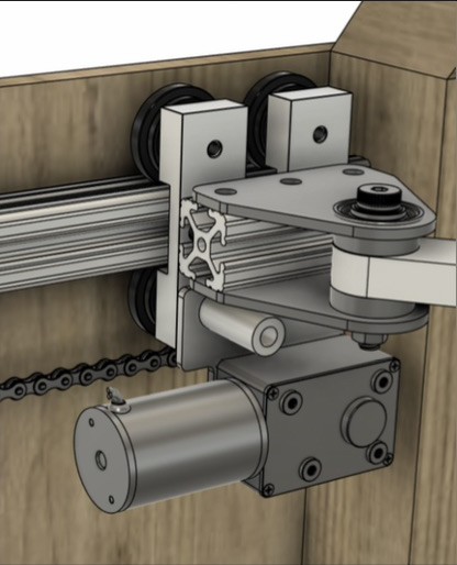 Close-up of the chain and sprocket mechanism